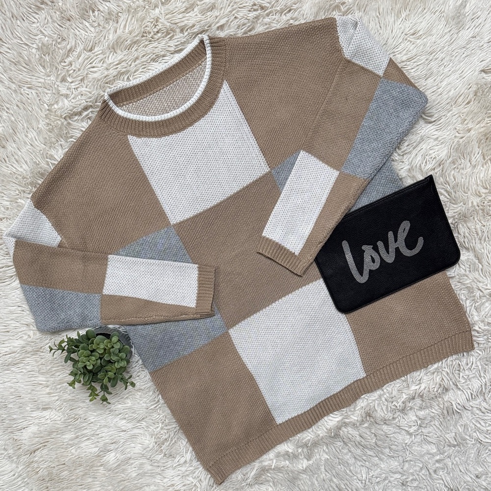 Vestidos Color Block Crewneck Sweater 💗 Tan Gray & White